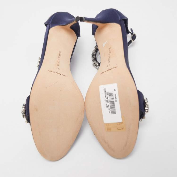Pre Owned Manolo Blahnik Navy Blue Satin Firadou Sandals Size 41