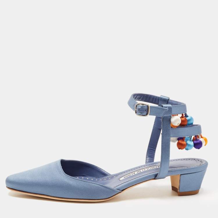 Pre Owned Manolo Blahnik Blue Satin Ankle Strap Sandals Size 39