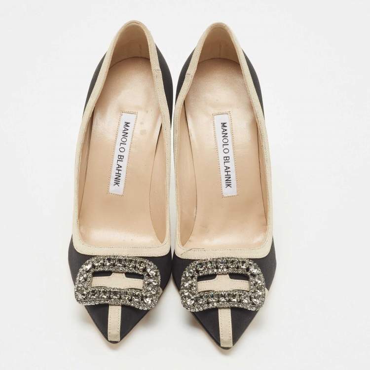 Pre Owned Manolo Blahnik Black/Beige Fabric Gotrian Pumps Size 36.5