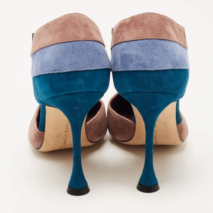 Pre Owned Manolo Blahnik Tri Color Suede Ankle Cuff Pumps Size 36