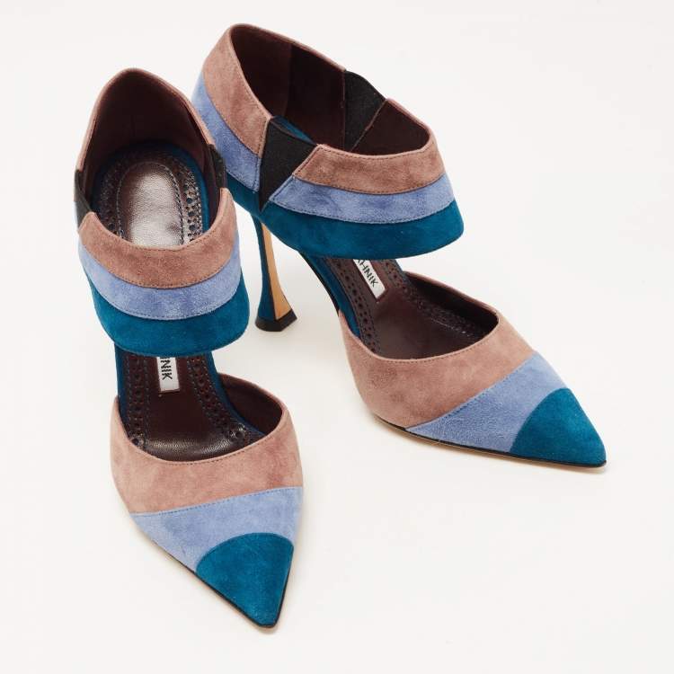 Pre Owned Manolo Blahnik Tri Color Suede Ankle Cuff Pumps Size 36