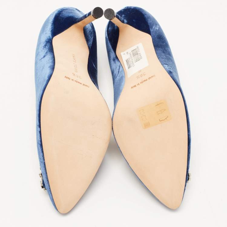Pre Owned Manolo Blahnik Blue Velvet Hangisi Crystal Embellished Pointed Toe Pumps Size 36.5