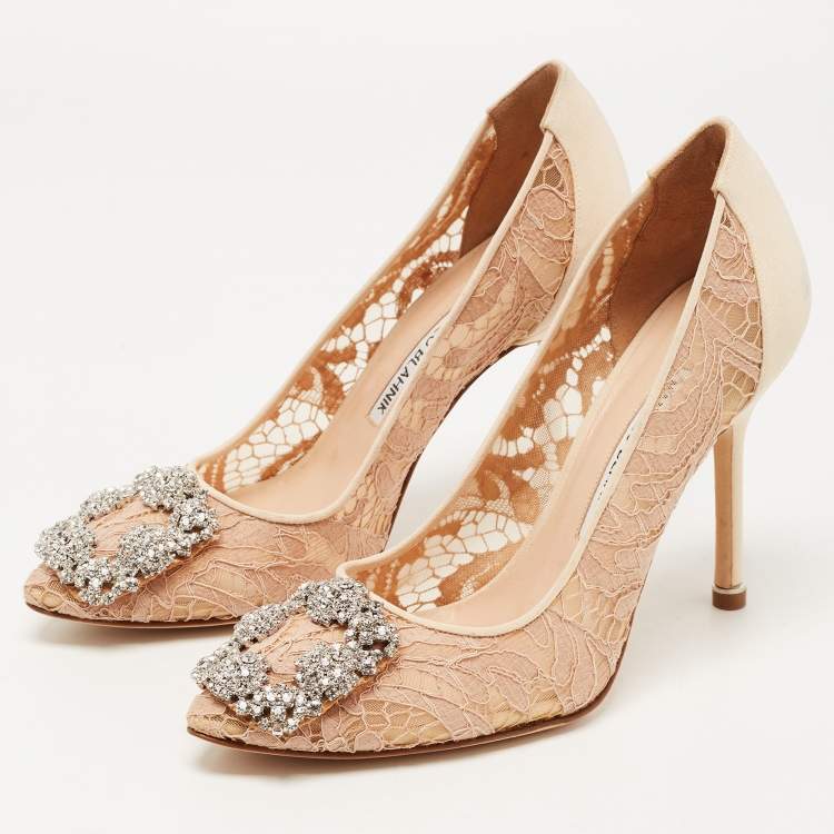 Manolo Blahnik Beige Lace and Fabric Hangisi Crystal Embellished ...