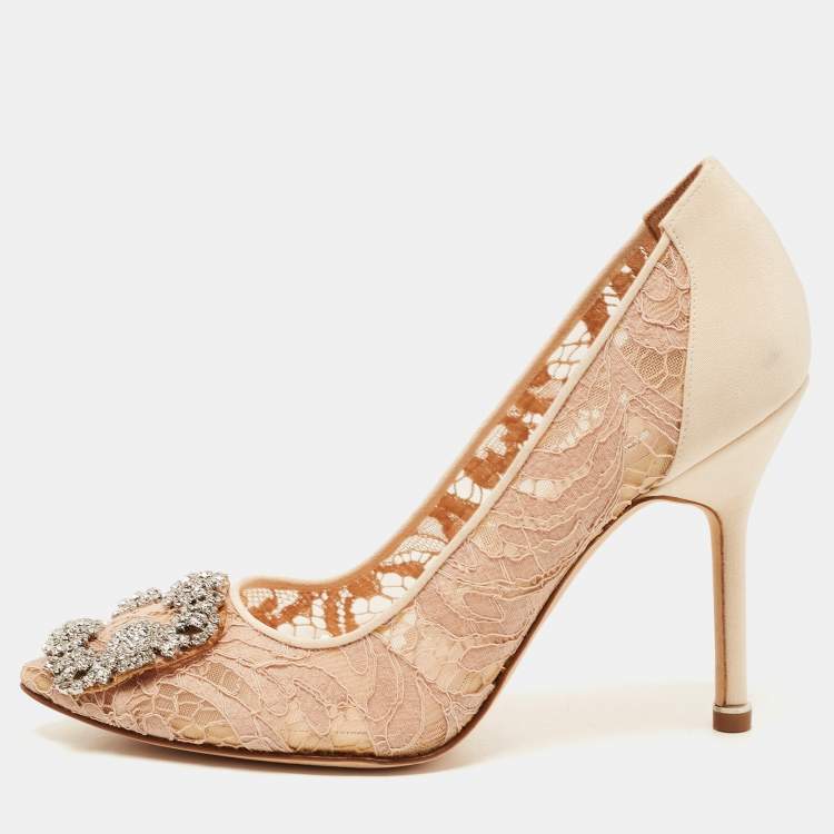 Pre Owned Manolo Blahnik Beige Lace and Fabric Hangisi Crystal Embellished Pointed Toe Pumps Size 36