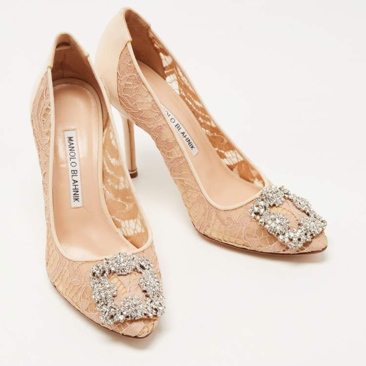 Pre Owned Manolo Blahnik Beige Lace and Fabric Hangisi Crystal Embellished Pointed Toe Pumps Size 36