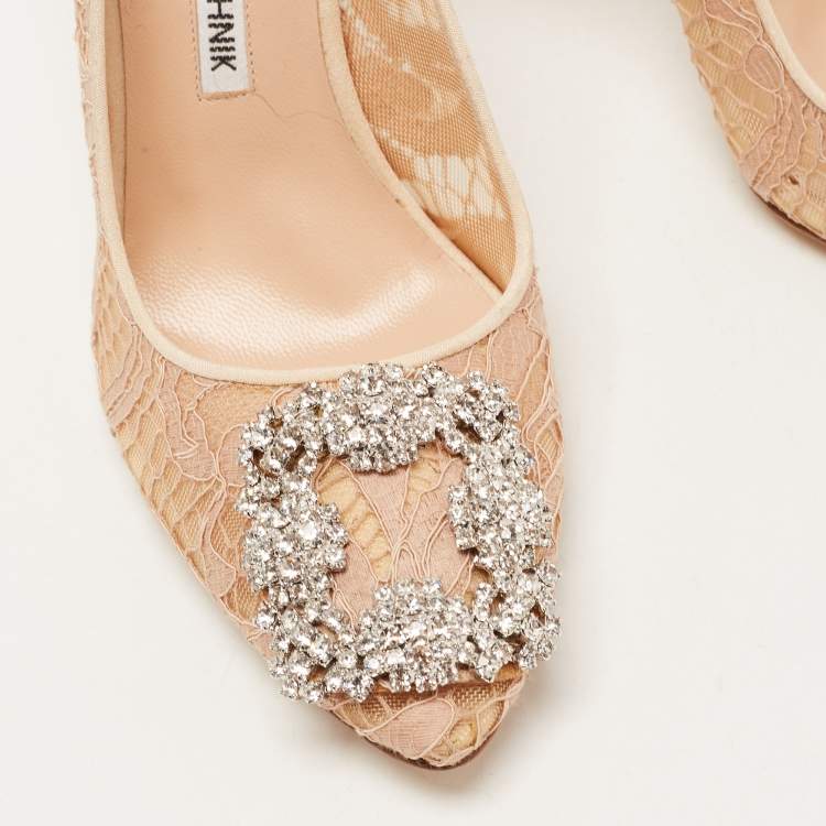 Pre Owned Manolo Blahnik Beige Lace and Fabric Hangisi Crystal Embellished Pointed Toe Pumps Size 36