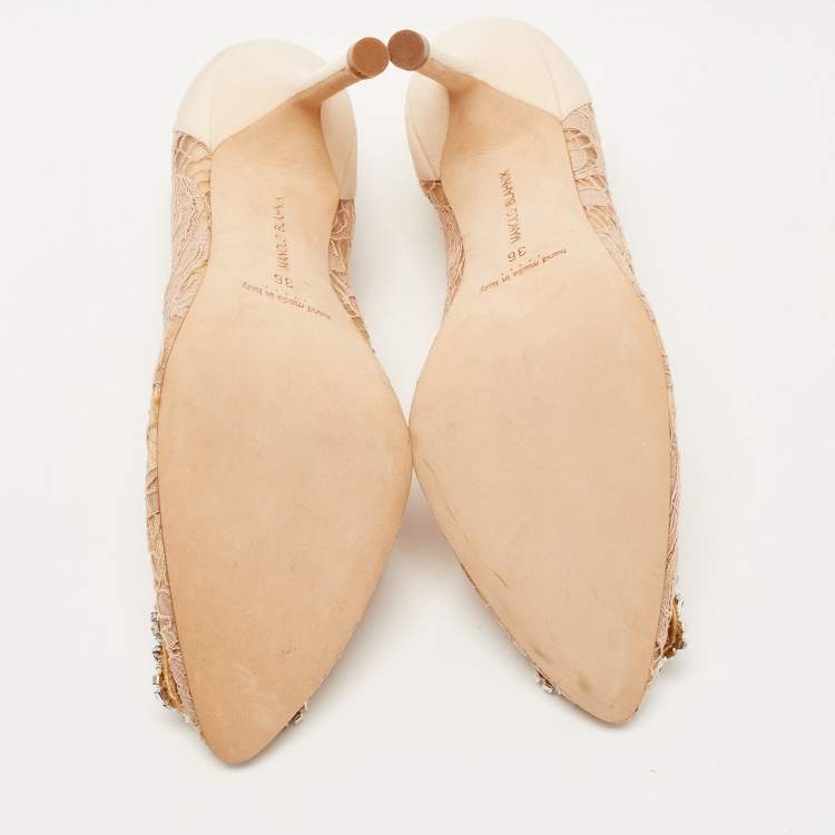 Pre Owned Manolo Blahnik Beige Lace and Fabric Hangisi Crystal Embellished Pointed Toe Pumps Size 36