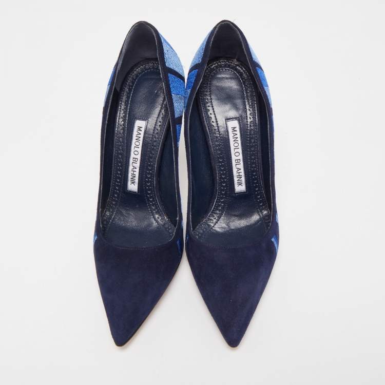 Pre Owned Manolo Blahnik Blue Suede Embroidered BB Pumps Size 36