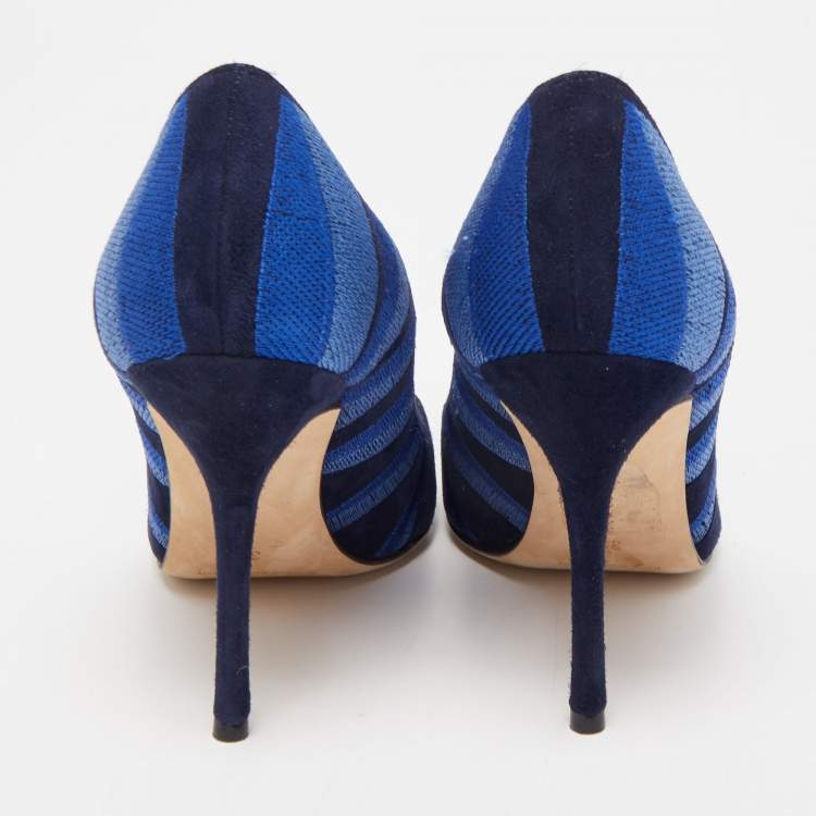 Pre Owned Manolo Blahnik Blue Suede Embroidered BB Pumps Size 36