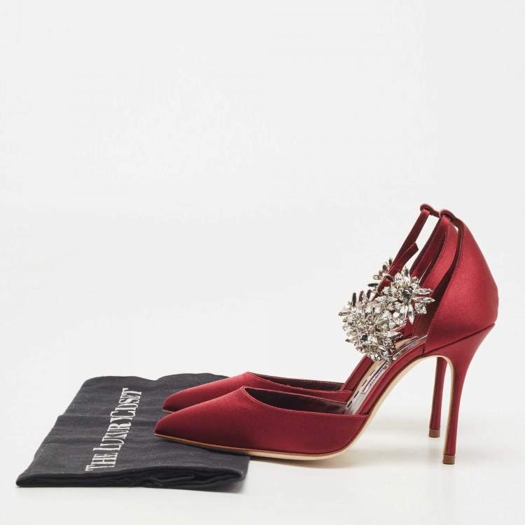 Pre Owned Manolo Blahnik Burgundy Satin Sicariata Crystal Embellished Ankle Cuff Pumps Size 36
