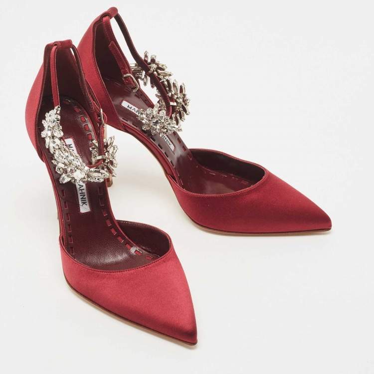 Pre Owned Manolo Blahnik Burgundy Satin Sicariata Crystal Embellished Ankle Cuff Pumps Size 36