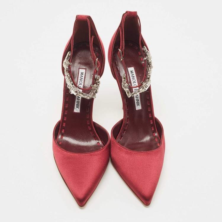 Pre Owned Manolo Blahnik Burgundy Satin Sicariata Crystal Embellished Ankle Cuff Pumps Size 36