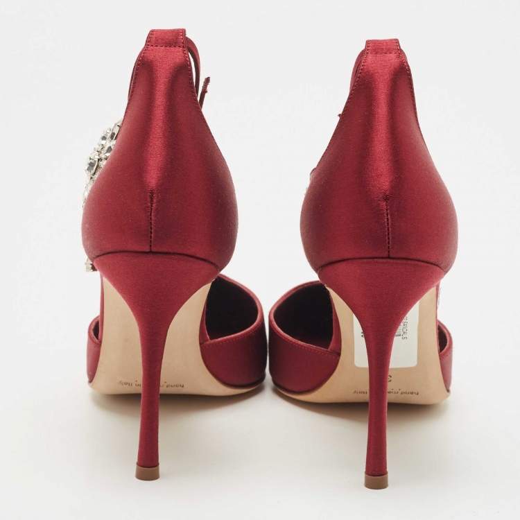 Pre Owned Manolo Blahnik Burgundy Satin Sicariata Crystal Embellished Ankle Cuff Pumps Size 36
