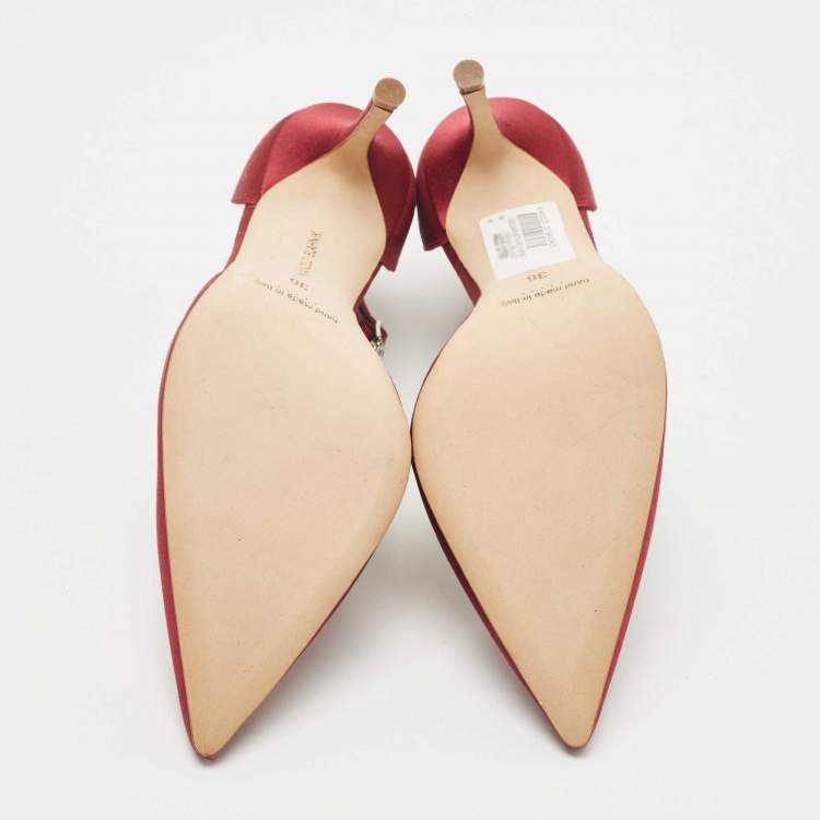 Pre Owned Manolo Blahnik Burgundy Satin Sicariata Crystal Embellished Ankle Cuff Pumps Size 36