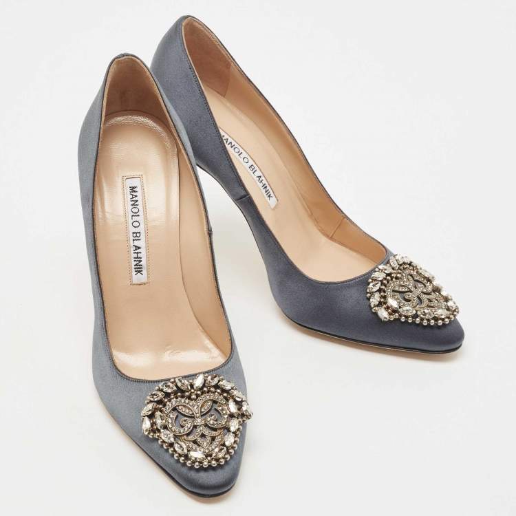 Pre Owned Manolo Blahnik Dark Grey Satin Okkava Pumps Size 36.5