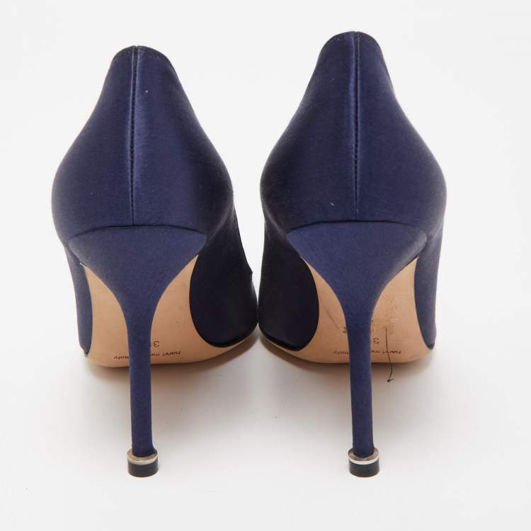 Pre Owned Manolo Blahnik Navy Blue Satin Hangisi Pumps Size 36.5