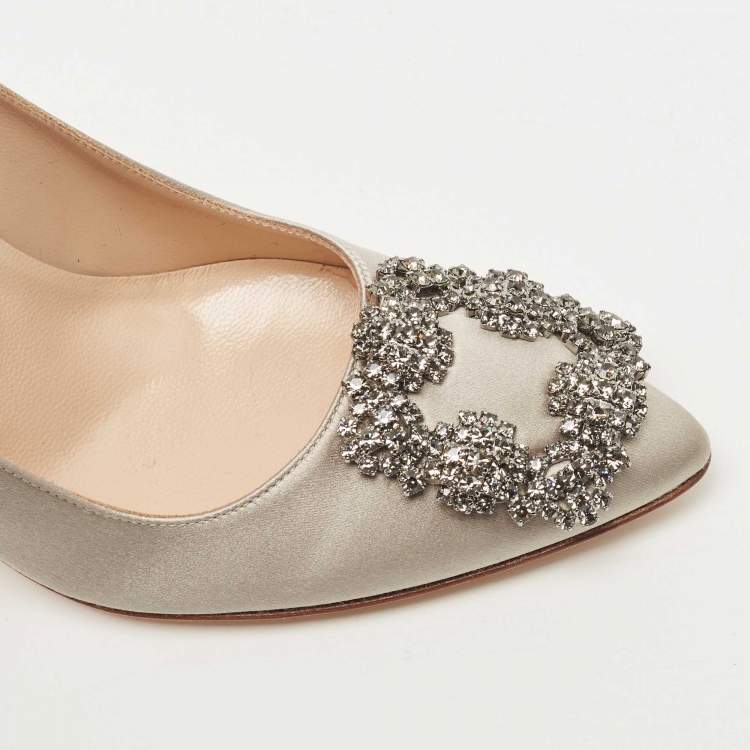 Pre Owned Manolo Blahnik Grey Satin Hangisi Pumps Size 36.5
