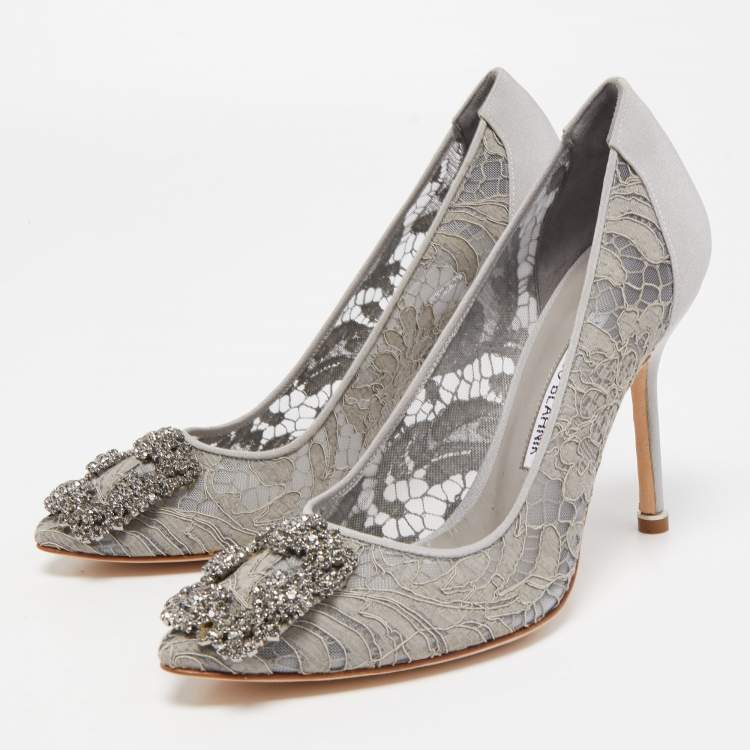 Pre Owned Manolo Blahnik Grey Mesh and Fabric Hangisi Pumps Size 36