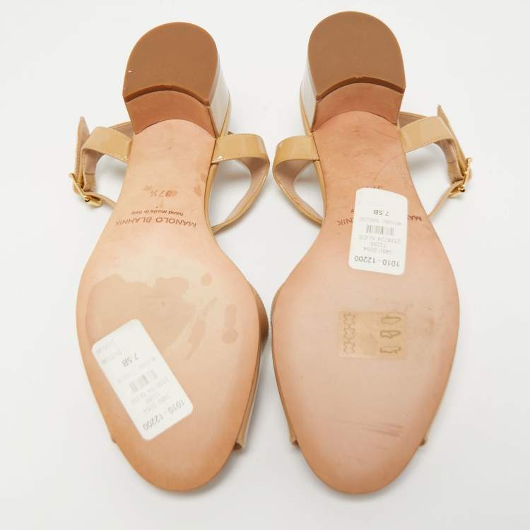 Pre Owned Manolo Blahnik Beige Patent Leather Ankle Strap Sandals Size 37.5