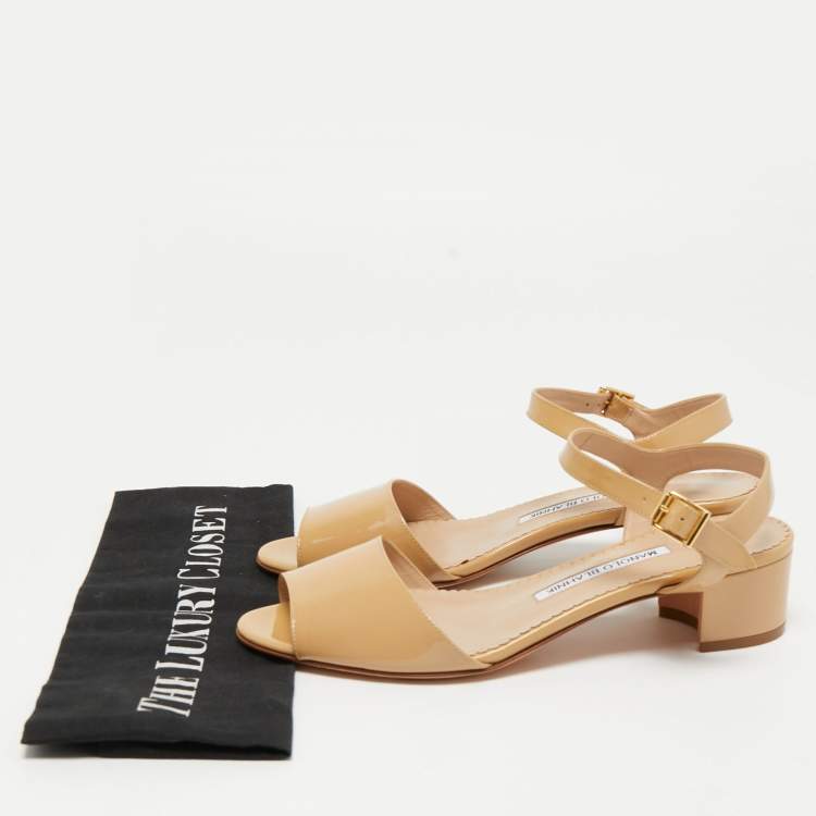 Pre Owned Manolo Blahnik Beige Patent Leather Ankle Strap Sandals Size 37.5