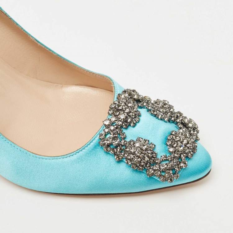 Pre Owned Manolo Blahnik Blue Satin Hangisi Pumps Size 35.5