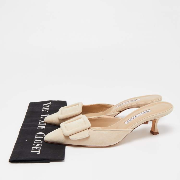 Pre Owned Manolo Blahnik Beige Suede Maysale Mules Size 38