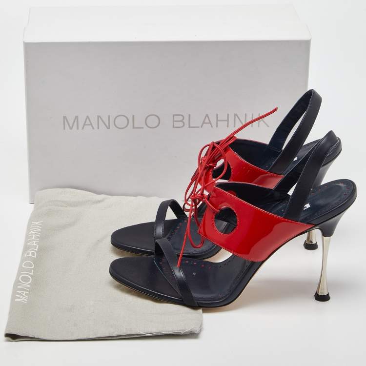 Pre Owned Manolo Blahnik Blue/Red Leather and Patent Ankle Strap Sandals Size 41