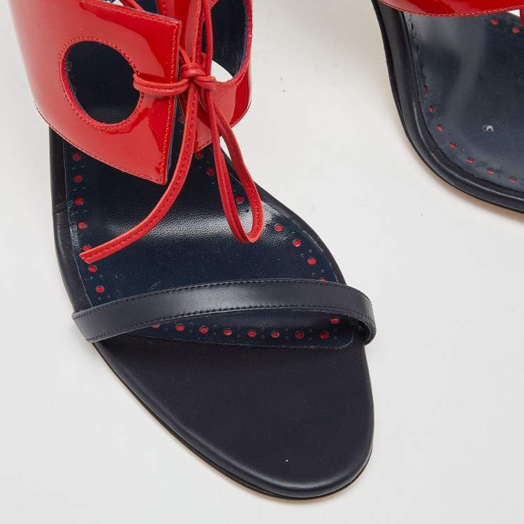 Pre Owned Manolo Blahnik Blue/Red Leather and Patent Ankle Strap Sandals Size 41