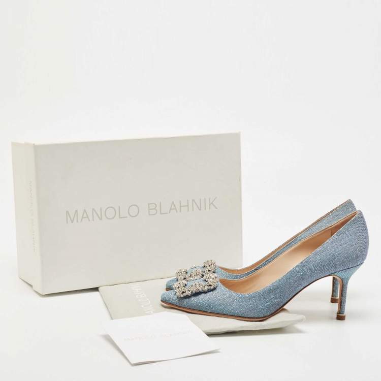 Pre Owned Manolo Blahnik Blue Holographic Glitter Fabric Hangisi Crystal Embellished Pumps Size 37.5