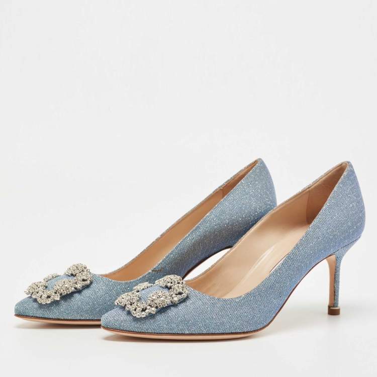Pre Owned Manolo Blahnik Blue Holographic Glitter Fabric Hangisi Crystal Embellished Pumps Size 37.5