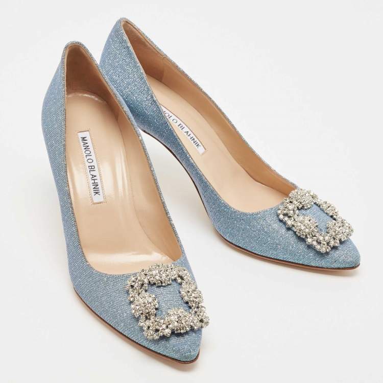 Pre Owned Manolo Blahnik Blue Holographic Glitter Fabric Hangisi Crystal Embellished Pumps Size 37.5