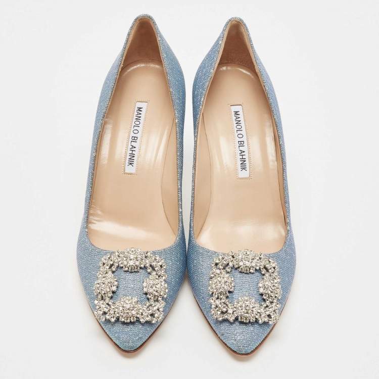 Pre Owned Manolo Blahnik Blue Holographic Glitter Fabric Hangisi Crystal Embellished Pumps Size 37.5