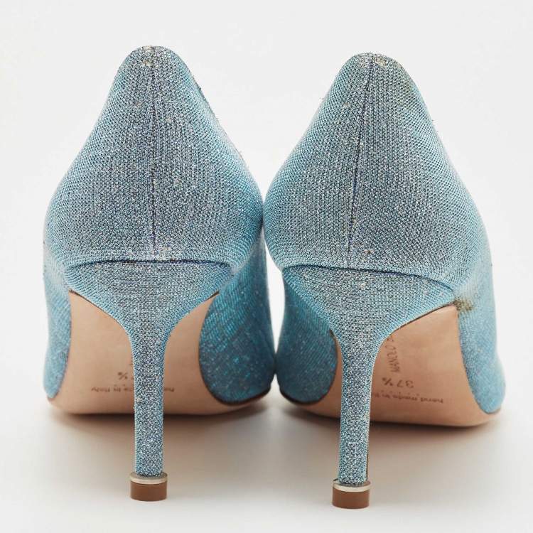 Pre Owned Manolo Blahnik Blue Holographic Glitter Fabric Hangisi Crystal Embellished Pumps Size 37.5