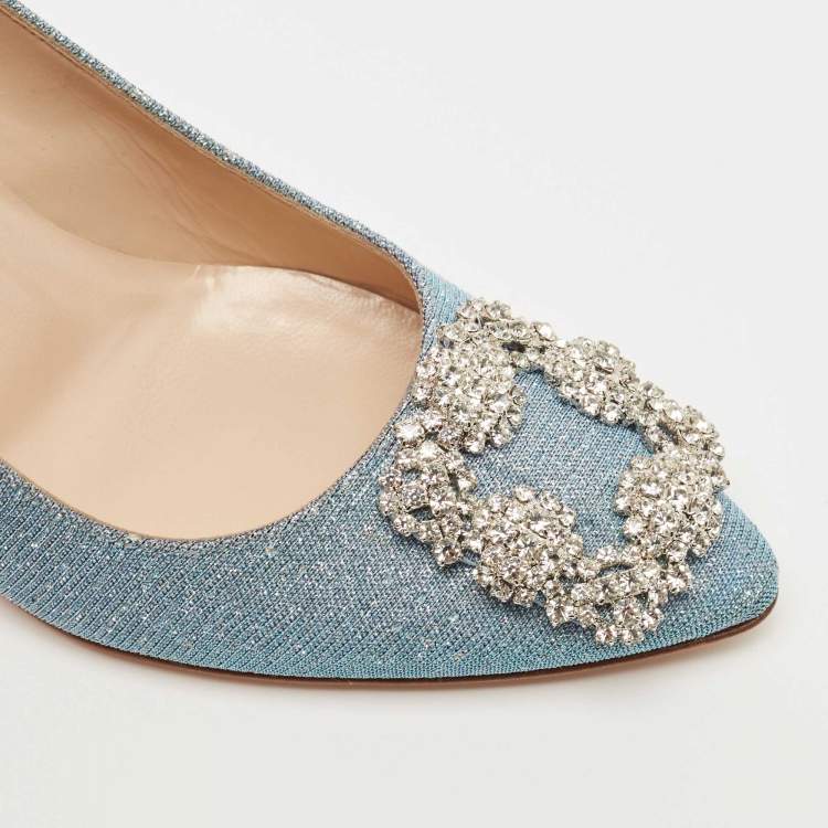 Pre Owned Manolo Blahnik Blue Holographic Glitter Fabric Hangisi Crystal Embellished Pumps Size 37.5