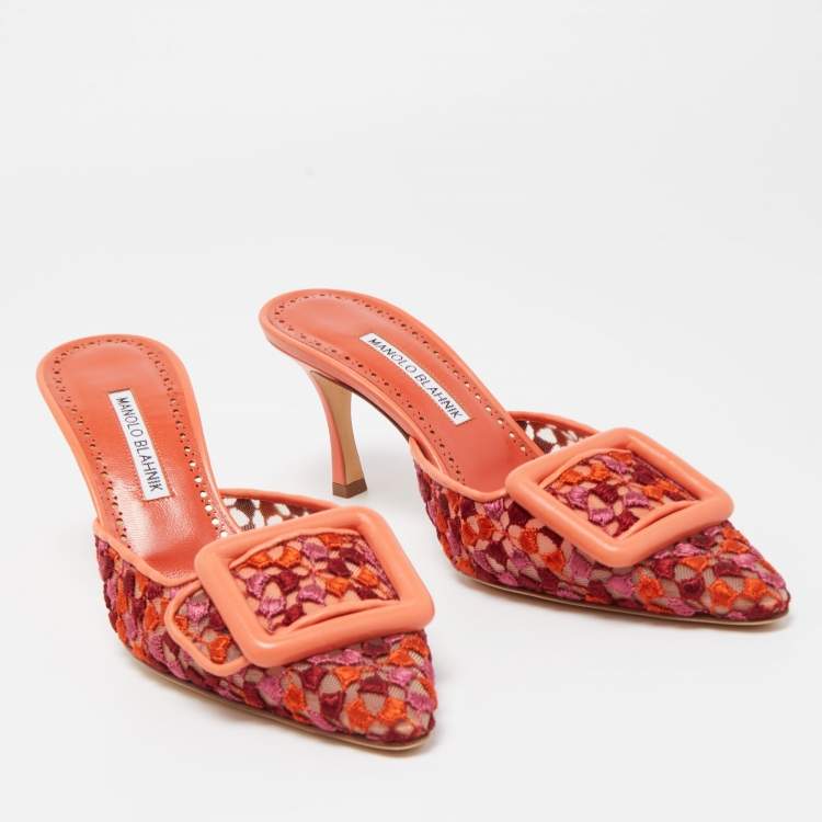 Pre Owned Manolo Blahnik Tricolor Embroidered Fabric Maysale Mules Size 38.5