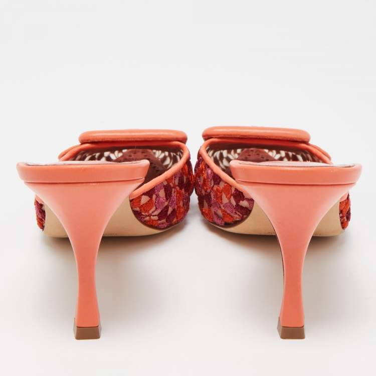 Pre Owned Manolo Blahnik Tricolor Embroidered Fabric Maysale Mules Size 38.5