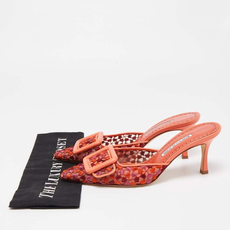 Pre Owned Manolo Blahnik Tricolor Embroidered Fabric Maysale Mules Size 38.5