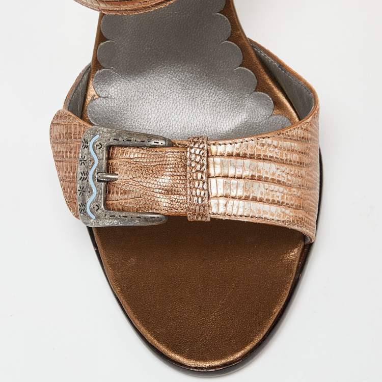 مملوكة مسبقًا Manolo Blahnik Two Tone Embossed Lizard Ankle Strap Sandals Size 38.5