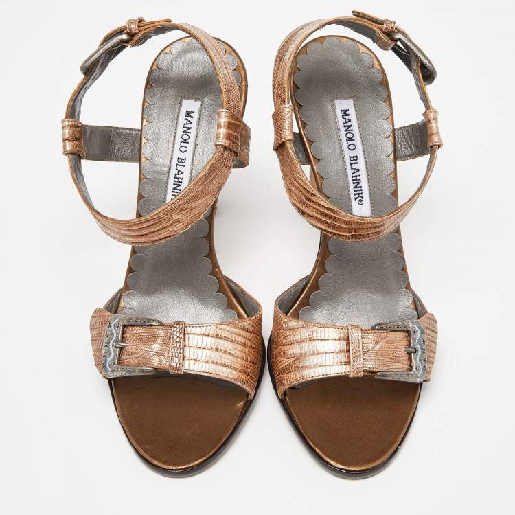 مملوكة مسبقًا Manolo Blahnik Two Tone Embossed Lizard Ankle Strap Sandals Size 38.5