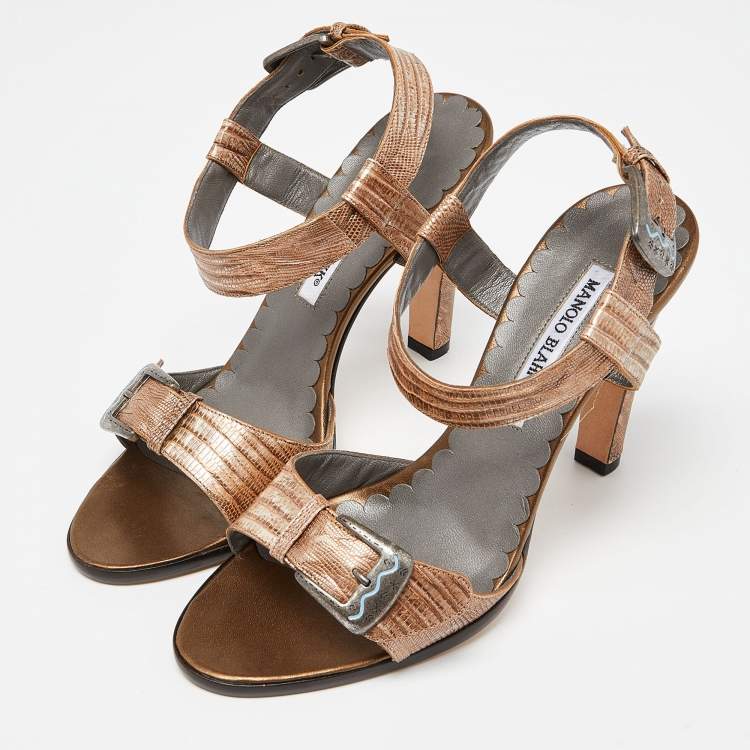 مملوكة مسبقًا Manolo Blahnik Two Tone Embossed Lizard Ankle Strap Sandals Size 38.5