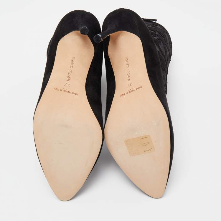 Pre Owned Manolo Blahnik Black Suede and Mesh Ankle Booties Size 37