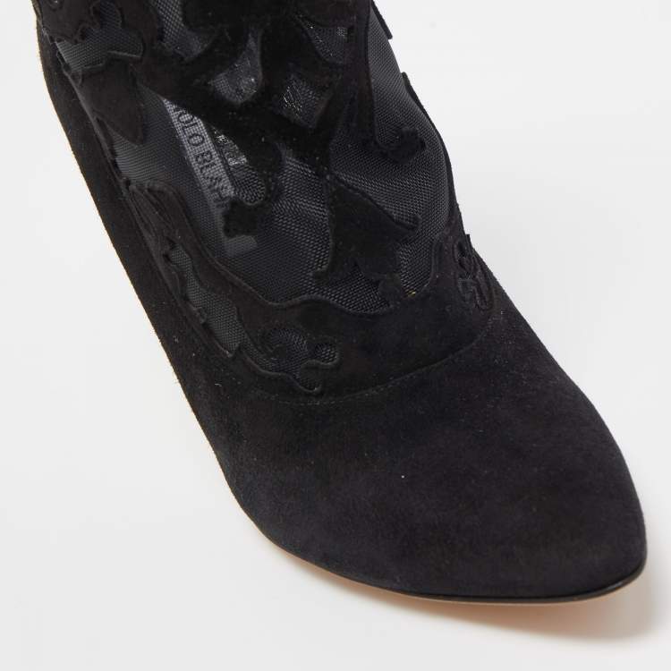 Pre Owned Manolo Blahnik Black Suede and Mesh Ankle Booties Size 37