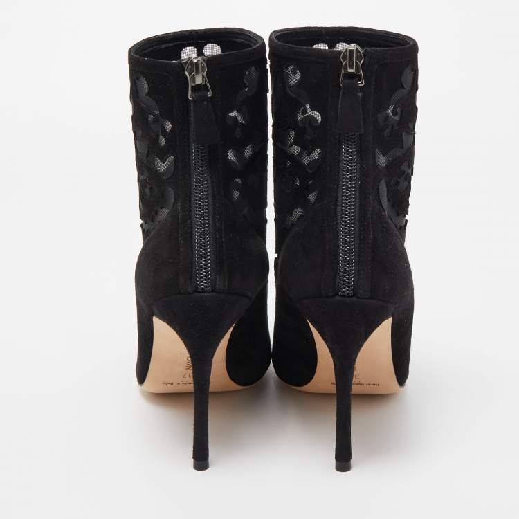 Pre Owned Manolo Blahnik Black Suede and Mesh Ankle Booties Size 37