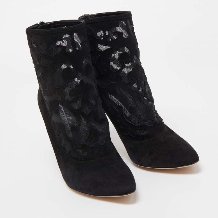 Pre Owned Manolo Blahnik Black Suede and Mesh Ankle Booties Size 37