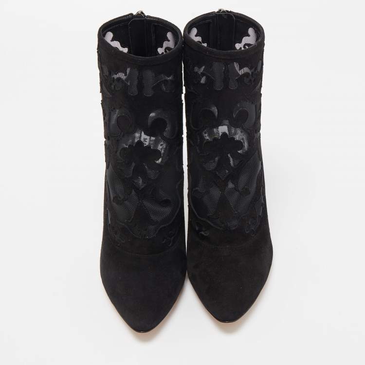 Pre Owned Manolo Blahnik Black Suede and Mesh Ankle Booties Size 37