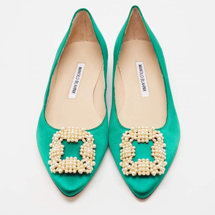 Pre Owned Manolo Blahnik Green Satin Hangisi Pearl Embellished Ballet Flats Size 38