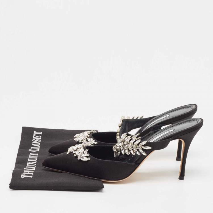Pre Owned Manolo Blahnik Black Satin Lurum Mules Size 40.5