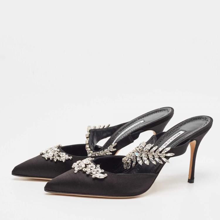Pre Owned Manolo Blahnik Black Satin Lurum Mules Size 40.5