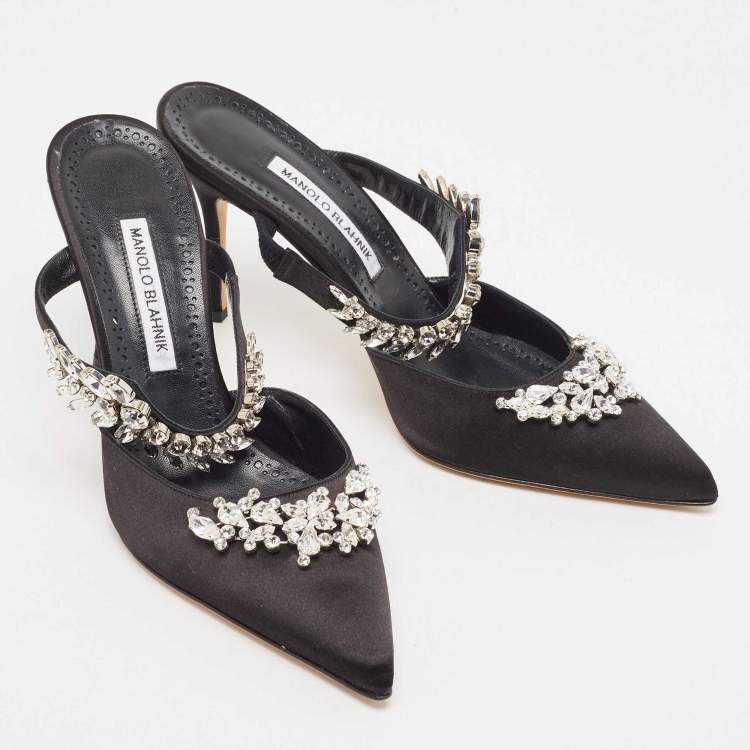 Pre Owned Manolo Blahnik Black Satin Lurum Mules Size 40.5