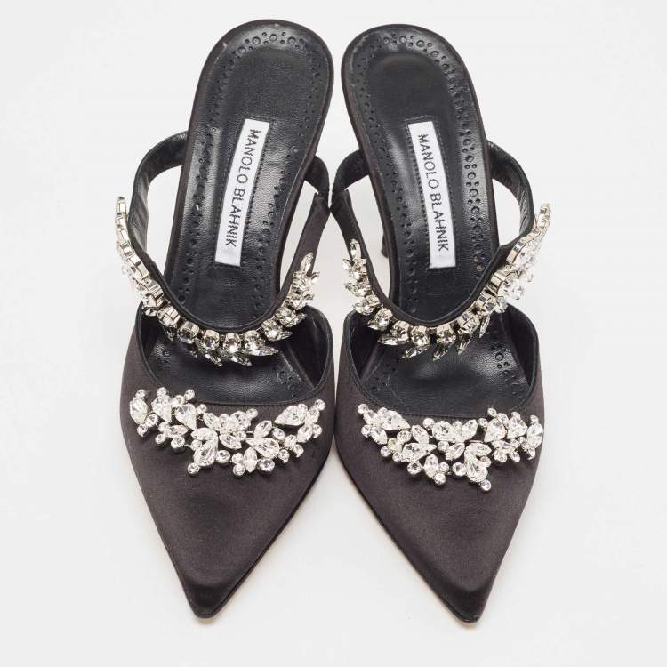 Pre Owned Manolo Blahnik Black Satin Lurum Mules Size 40.5